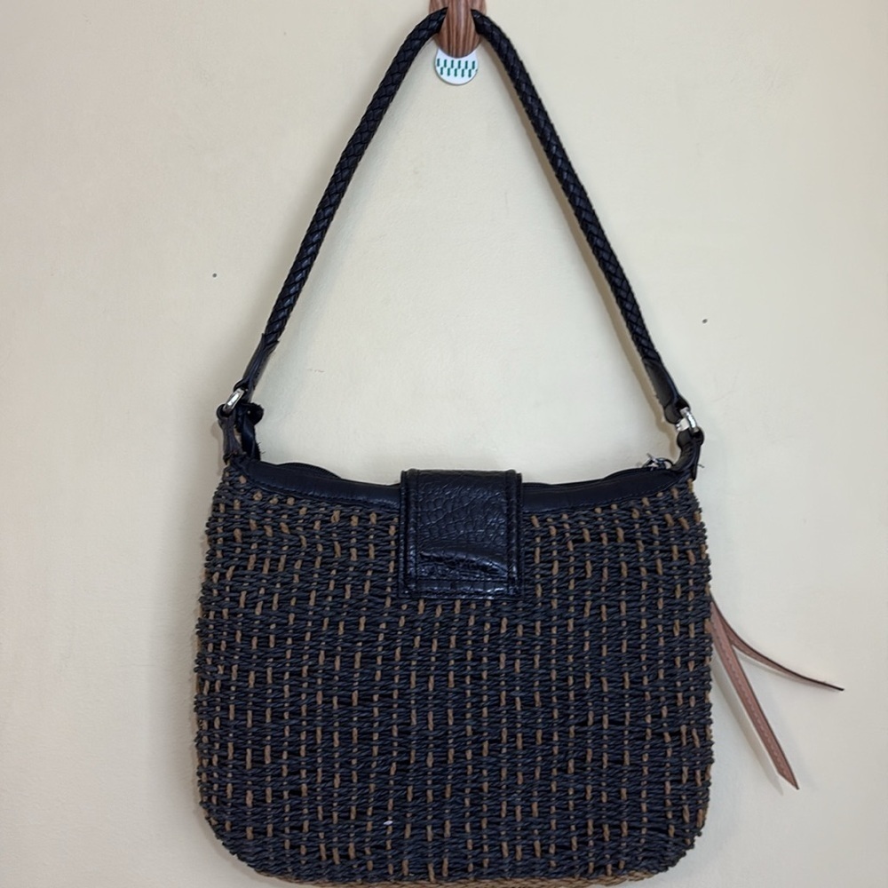 Brighton | Black Brown Woven Leather Trim Zip Top Magnetic Flap Shoulder Bag - Picture 12 of 13